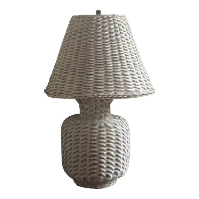 Vintage White Wicker Table Lamp & Original Shade For Sale