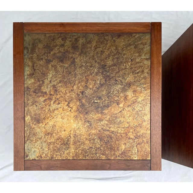Mid-Century Modern Mid-Century Modern Harry Lunstead Style Wood Cabinet Side Table With Etched Metal Top For Sale - Image 3 of 11