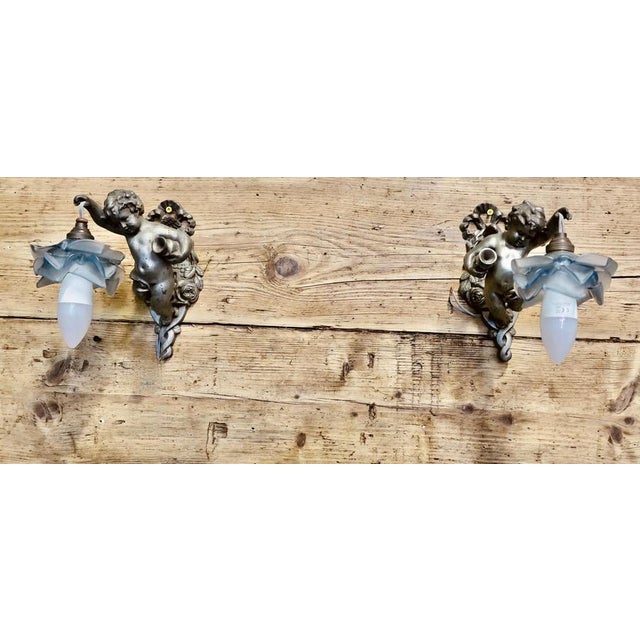 French Arts and Crafts Cherub Wall Lights, 1900, Set of 2 For Sale - Image 4 of 8
