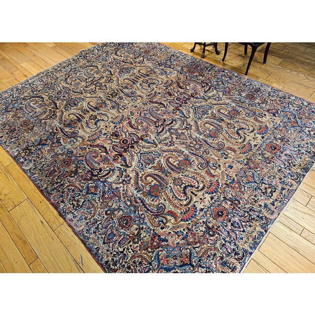 Persian Antique Persian Kerman Lavar Rug, Hand-Knotted Wool, All-Over Floral Pattern, Ivory & Blue, 9x12 For Sale - Image 3 of 16