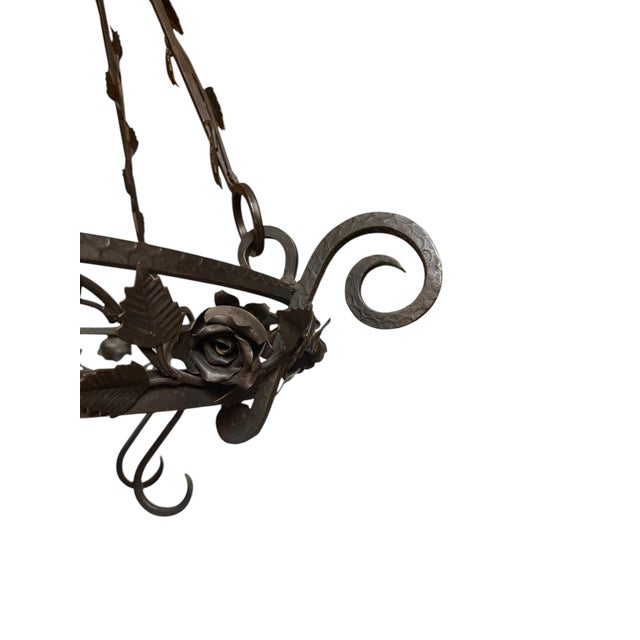 French Vintage Wrought Iron Hanging Pot Rack With Hand Forged Roses and Vines For Sale - Image 3 of 8
