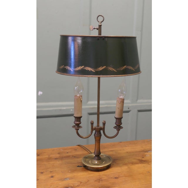 Green Toleware and Brass Twin Bouillotte Desk Lamp For Sale - Image 4 of 7