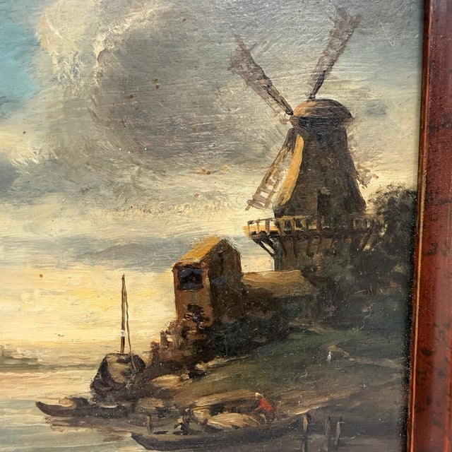 English Antique Oil Painting Dutch School Landscape With Windmill on a Canal For Sale - Image 3 of 5
