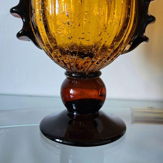 1980s Pair of Amber Murano Glass Vases, Neoclassical Style For Sale - Image 9 of 10