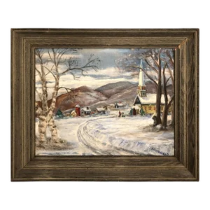 Signed Winter Church Scene by F. Michaels