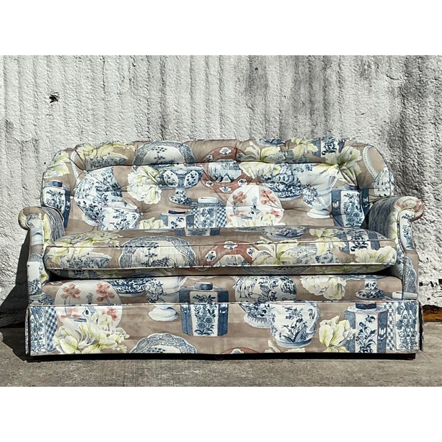 Vintage Regency Blue and White Vase Printed Loveseat For Sale - Image 10 of 11
