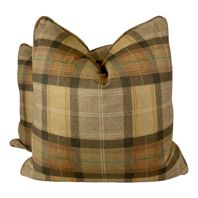Plaid Wool Blend in Bronze 22" Pillows-A Pair For Sale