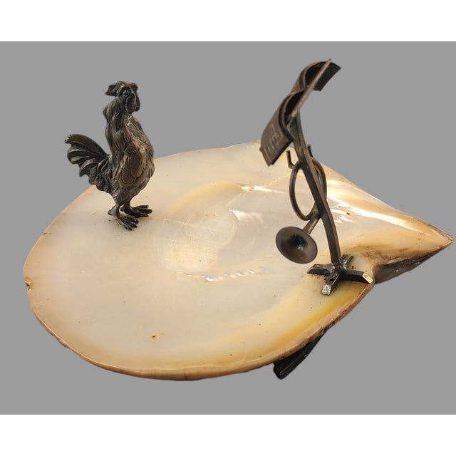 Antique Austrian Bronze Calling Card Trinket Tray Crowing Rooster Music Stand on a Mop Shell For Sale - Image 6 of 12