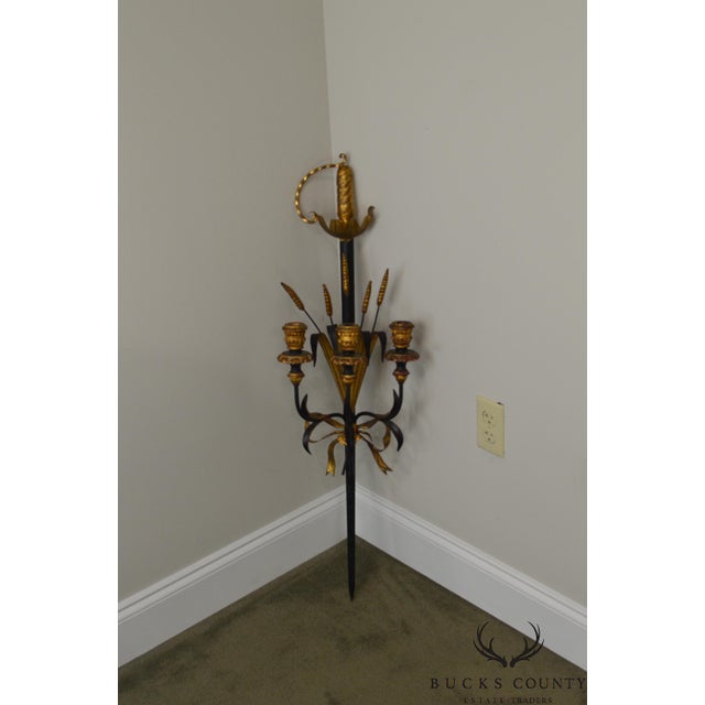 Italian Regency Style Black Gold Sword Wheat Sheaf Candle Wall Sconce Chairish
