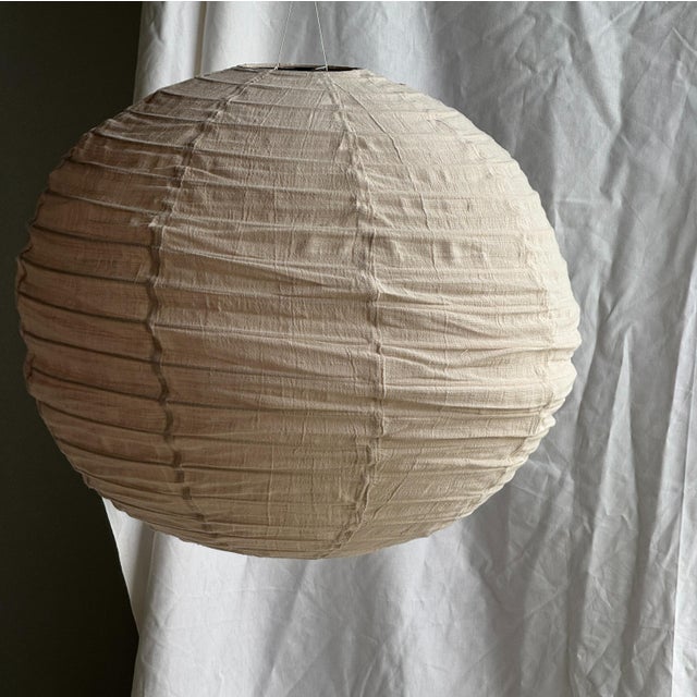 Large Round Pink Japanese-Style Rattan and Natural Linen Pendant Light For Sale - Image 14 of 18