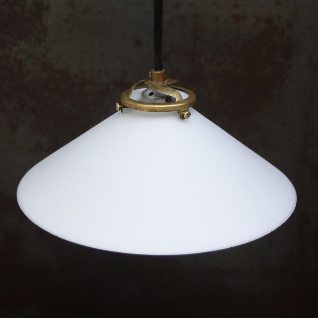 Metal Mid-Century French White Mat Opaline Glass & Brass Pendant Light For Sale - Image 7 of 14