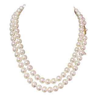 1990s Mikimoto Estate Akoya Pearl Necklace 36" 18k Y Gold 9 Mm Certified For Sale