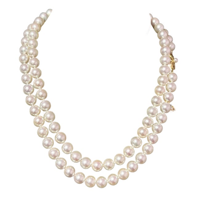 1990s Mikimoto Estate Akoya Pearl Necklace 36" 18k Y Gold 9 Mm Certified For Sale