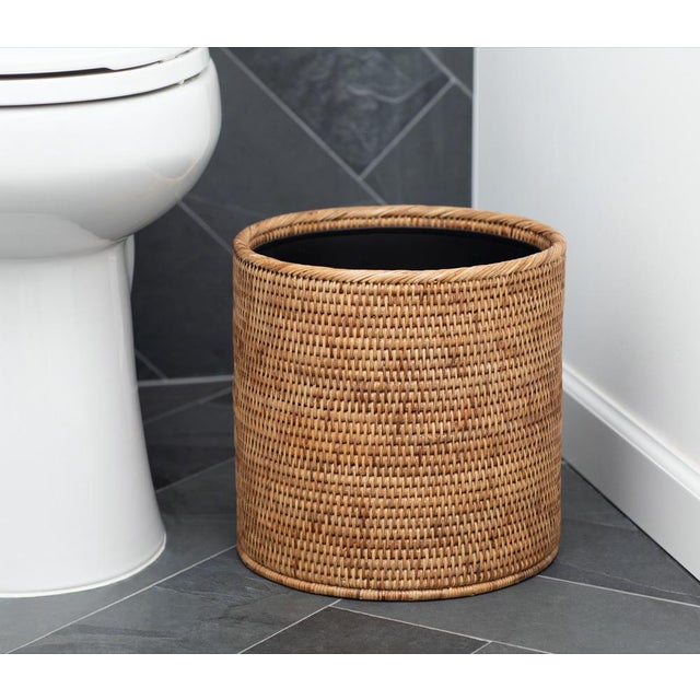 Boho Chic Artifacts Rattan Round Waste Basket with Metal Liner in Honey Brown - 11" For Sale - Image 3 of 7