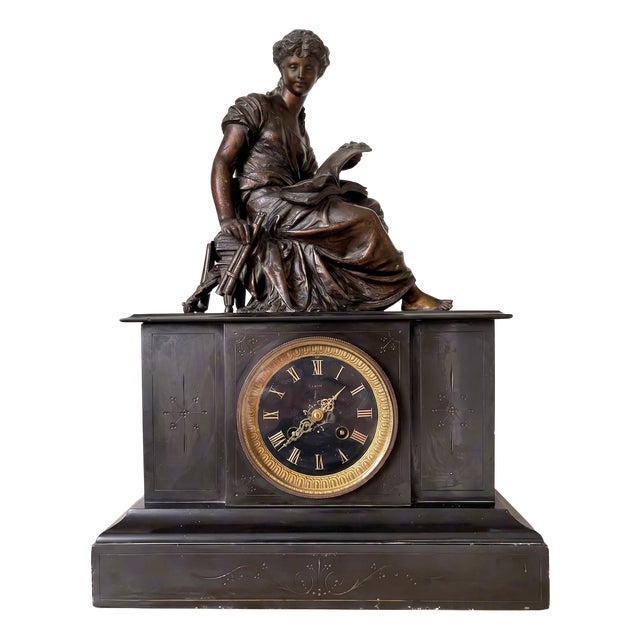 Napoleon III Euterpe Mantel Clock in Patinated Spelter by Japy Frères, 19th Century For Sale