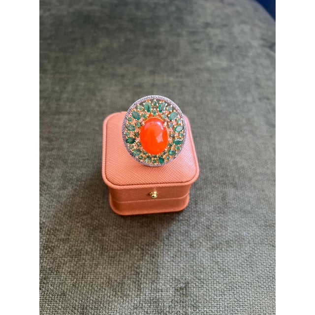 Art Deco Bochic "Orient" Vintage Diamonds, Emeralds & Opal Ring Set In 18K Gold & Silver For Sale - Image 3 of 18