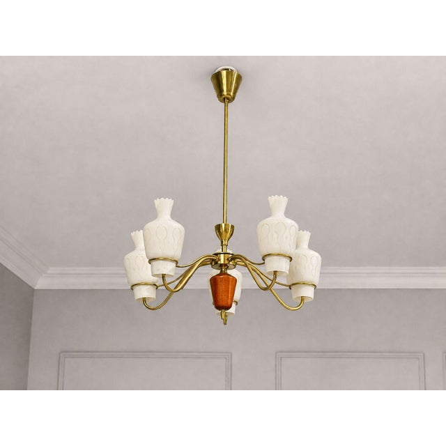 Swedish Mid-Century Modern, Chandelier or Pendant Light, Brass, Mahogany, Glass, Sweden, 1940s A wonderful chandelier...