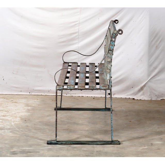 Vintage Indian Painted Teakwood and Iron Garden Bench For Sale - Image 4 of 5