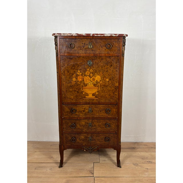 Wood French Louis XVI Style Burl Wood Secretary Chest with Marble Top, 1930s For Sale - Image 7 of 16