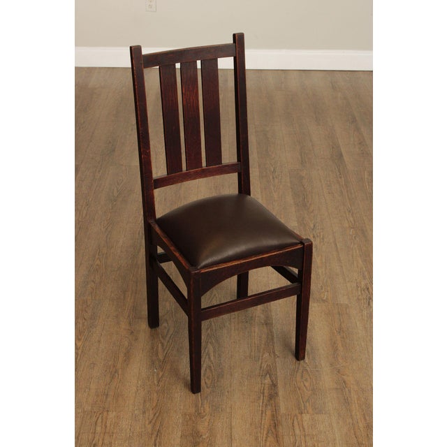 Brown Gustav Stickley Harvey Ellis Set of Eight Oak and Leather Dining Chairs For Sale - Image 8 of 12
