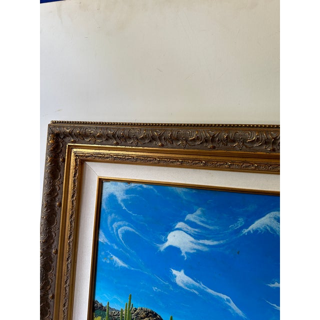 Blue 1970s Vibrant Painting of Desert in Gold Frame For Sale - Image 8 of 9