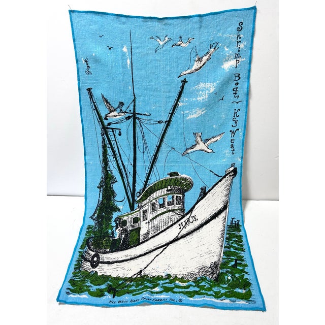 Vintage Key West Hand-Printed Linen Towel – Suzie Zuzek Shrimp Boat Coastal Nautical 1960s For Sale In Louisville - Image 6 of 10