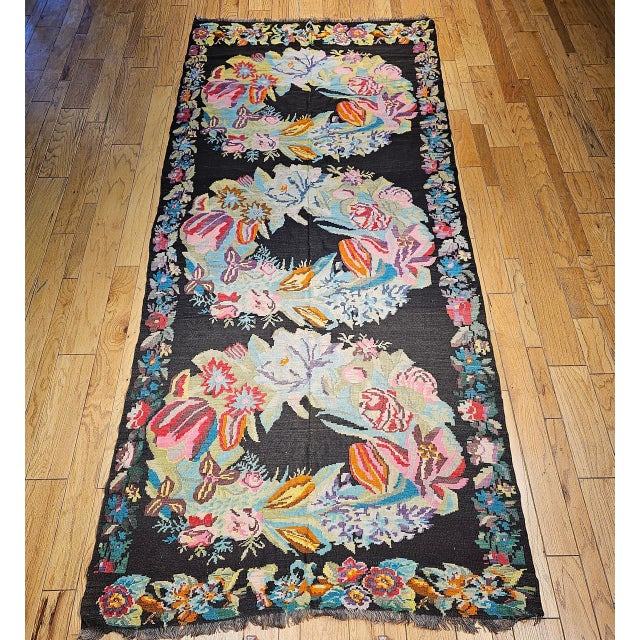 1900 - 1909 Vintage Caucasian Karabagh Kilim, Floral Wreaths Pattern, Handwoven Wool, 6' x 13' For Sale - Image 5 of 13