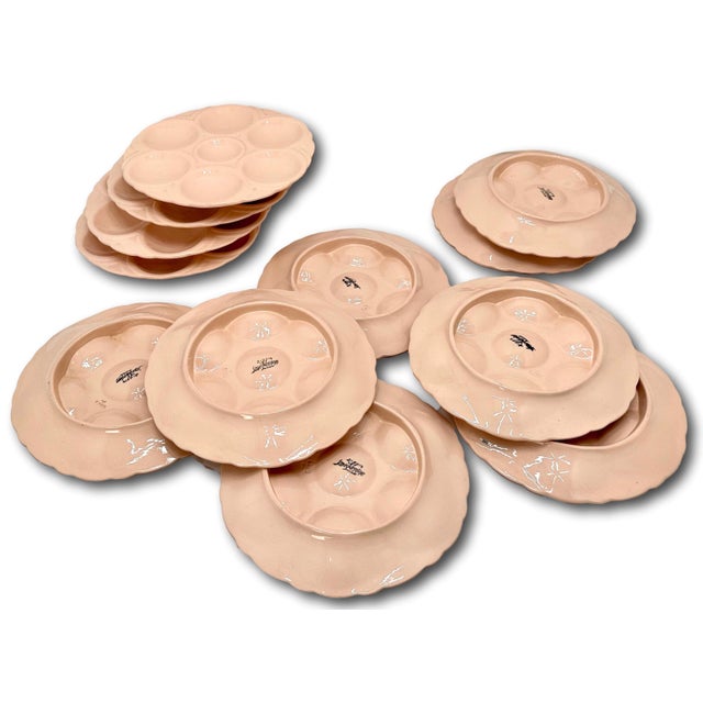 Art Deco Set of 12 Antique Art Deco Majolica Oyster Serving Plates Signed Digoin & Sarreguemines France - Circa 1920 For Sale - Image 3 of 12