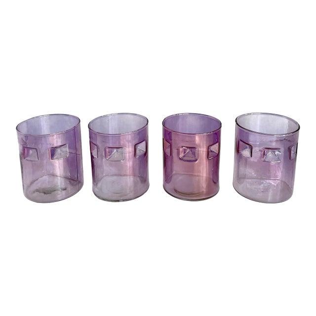 Set of 4 Postmodern Amethyst Glass Tumblers With Stepped Geometric Profile For Sale