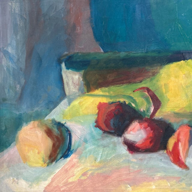 1960’s impressionist still life painting with lobster on canvas. Measures 36x20. Minor tear shown that has been patched...