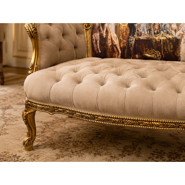 1970s French Louis XVI Tan Velvet Gold Settee For Sale - Image 4 of 8