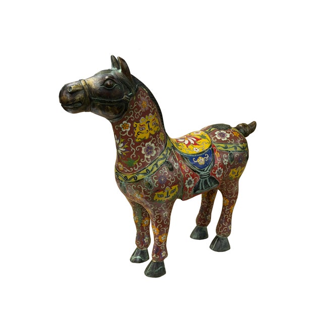 Chinese Vintage Oriental Chinese Reddish Maroon Cloisonne Metal Horse Figure For Sale - Image 3 of 14