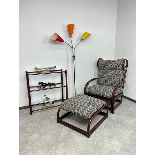 Mid-century modern bamboo wingchair with stool by Gervasoni in excellent original condition with signs of use. Gervasoni...