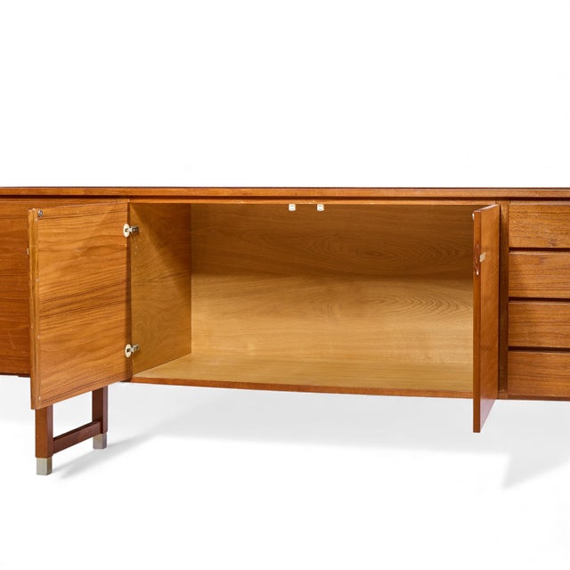 Wood Kai Kristiansen for Feldballes Møbelfabrik Mid 20th Century Danish Teak and Brass Credenza For Sale - Image 7 of 10