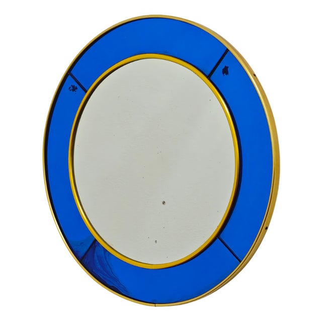 Vintage Circular Wall Mirror in Cobalt Blue Glass and Brass from Cristal Art, 1950s For Sale