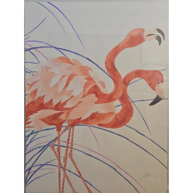 32.5x40in Flamingos original signed watercolor painting with polished silver metal frame. It has a scratch on the upper...