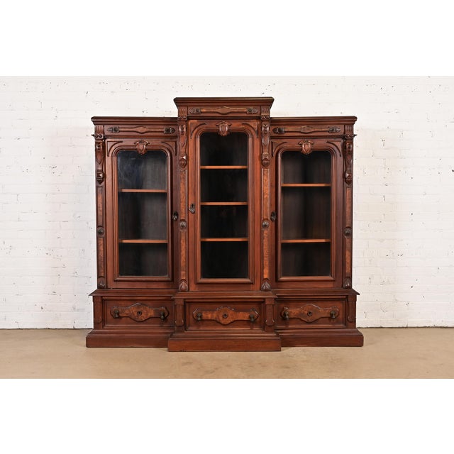 Herter Brothers Style Antique Eastlake Victorian Carved Walnut and Burl Wood Triple Bookcase Cabinet, Circa 1880s For Sale - Image 14 of 14