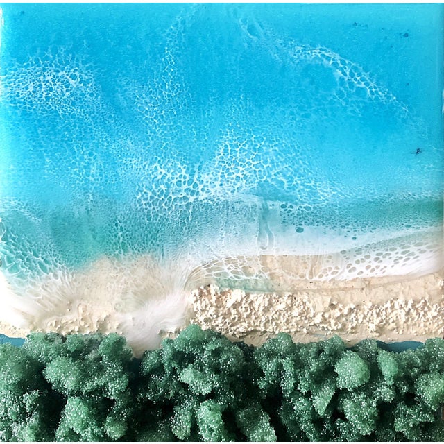 Here on the Beach #4 by Ana Hefco | Mixed Media on Wood Beach scene with turquoise water and sand For Sale