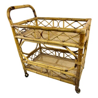 Vintage Bamboo and Cane Two-Tier Bar Cart With Brass Casters For Sale