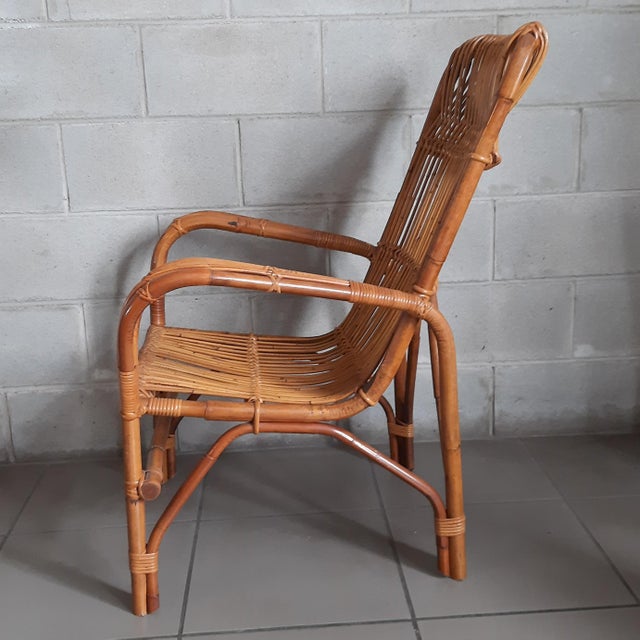 Vintage Italian Rattan and Curved Bamboo Armchair, 1960 For Sale - Image 4 of 14