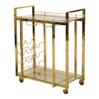 Vintage Hollywood Regency Brass Bar Cart With Glass Shelves For Sale