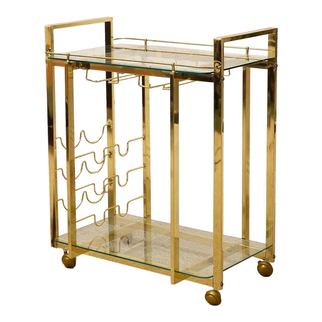 Vintage Hollywood Regency Brass Bar Cart With Glass Shelves For Sale