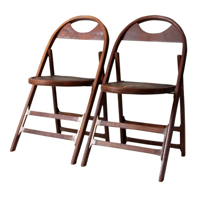 Antique Wooden Folding Chairs Pair For Sale