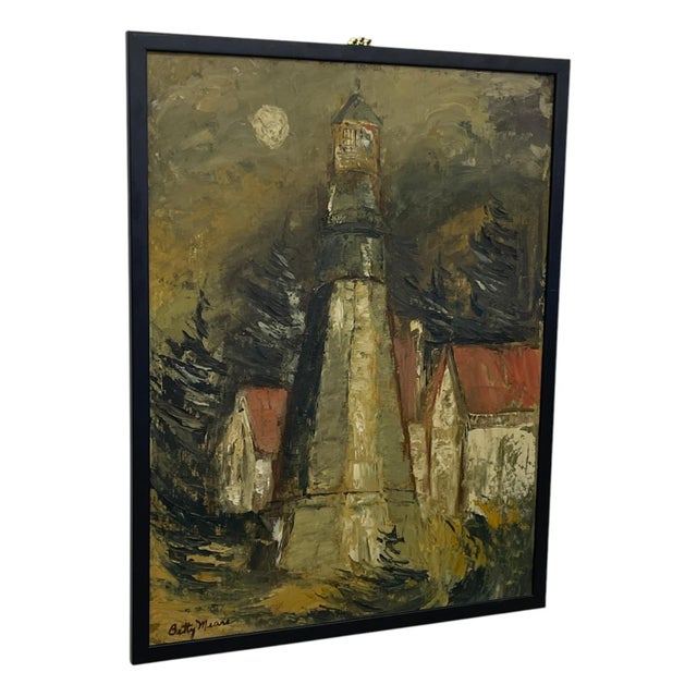 Original signed landscape painting depicting a lighthouse with surrounding buildings and evergreen trees under a moonlit...