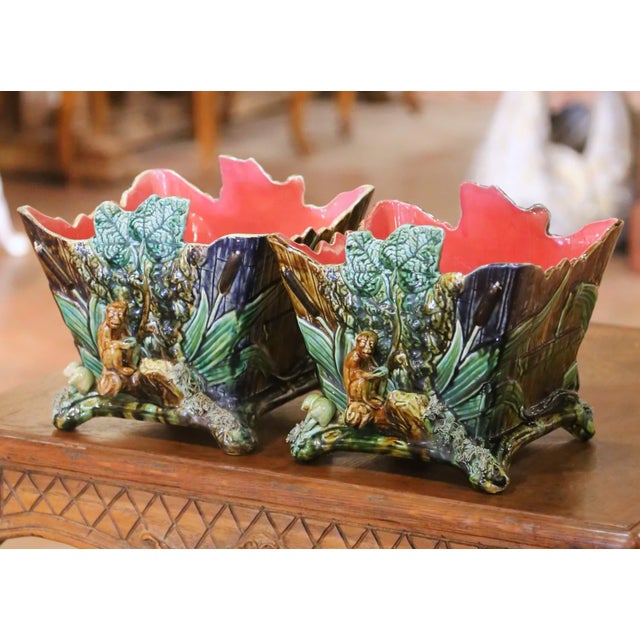 Pair of 19th Century French Barbotine Majolica Jardinières With Bird and Foliage For Sale - Image 11 of 16