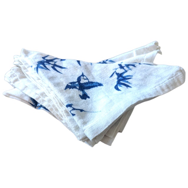 White Vintage Bamboo & Birds Tablecloth & Napkins For Sale - Image 8 of 9