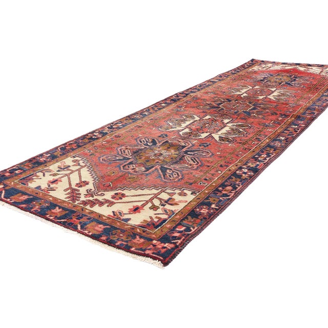 79008 Vintage Persian Heriz Rug Runner, 03'04 x 10'08. This exquisite hand-knotted wool vintage Persian Heriz rug runner...