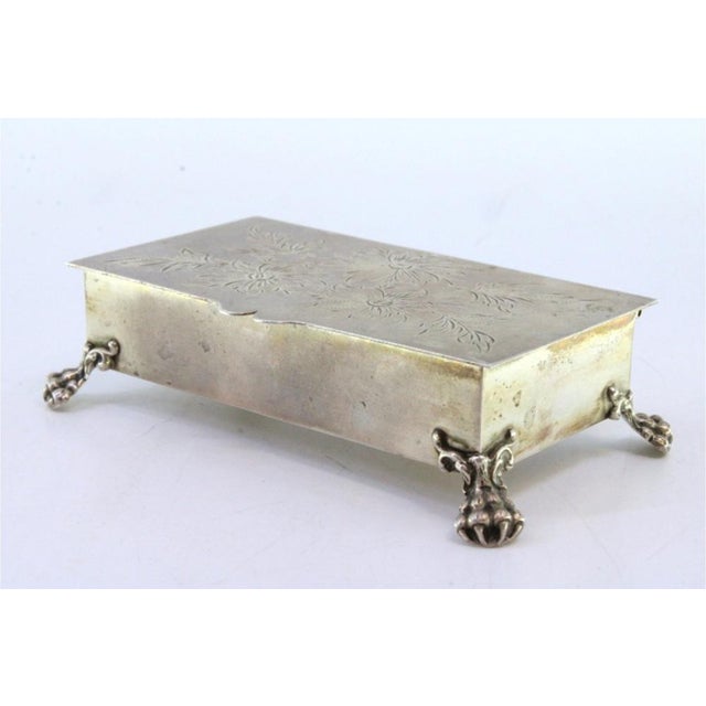 Silver Silver Jewelry Box with Floral Motifs Engraved on the Lid and Resting on Four Claw-Shaped Feet For Sale - Image 8 of 8