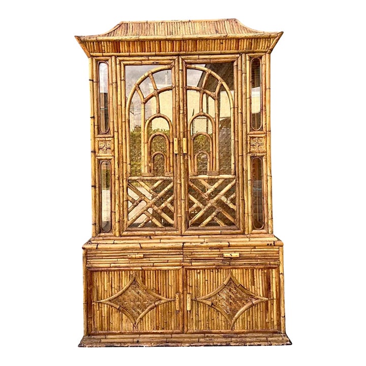Vintage Chinoiserie Pagoda Rattan China Cabinet | Chairish