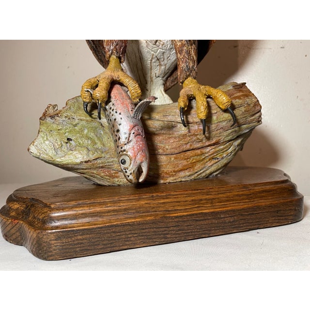 Wood Vintage Hand Carved Wood Folk Art Bald Eagle Bird With Fish Sculpture Statue For Sale - Image 7 of 17